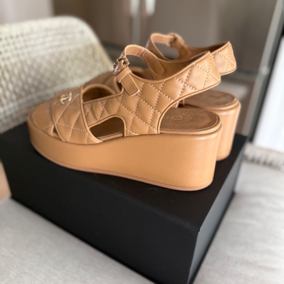 Authentic Chanel Gold Lambskin Platform Sandals - Picture 6 of 7